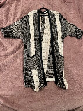 Lucky Brand Black and Cream Striped Open-Knit Cardigan